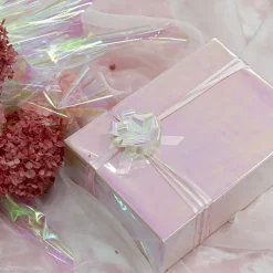 Ribbon Pull Bow Pom Pom Iridescent White (18mmx8.75cmD) Pk5