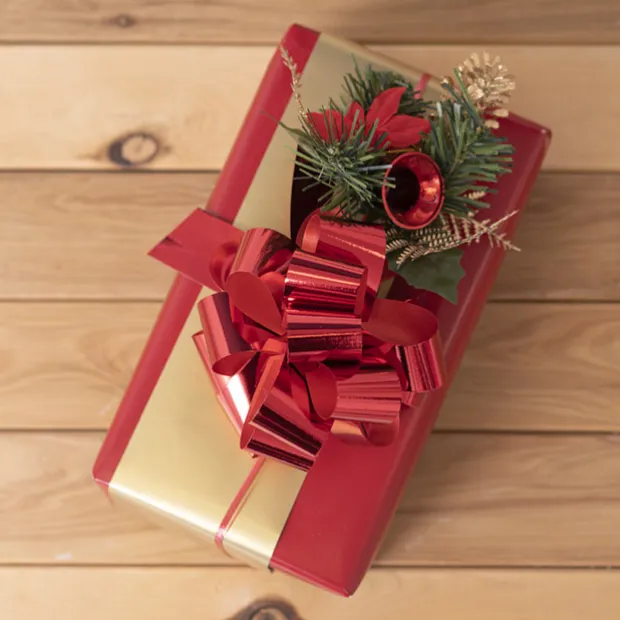 Ribbon Pull Bow Pom Pom Metallic Red (32mmx12.5cm) Pack 5