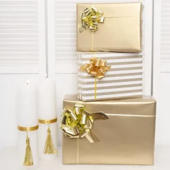 Ribbon Pull Bow Pom Pom Metallic Gold (32mmx12.5cm) Pack 5