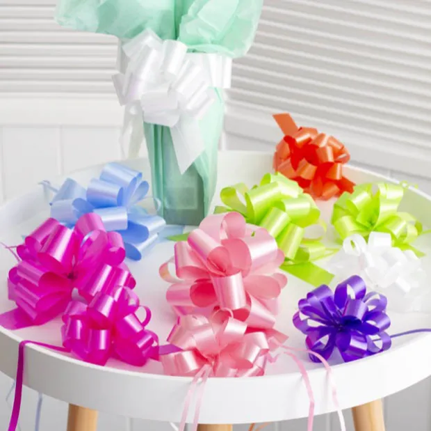 Ribbon Pull Bow Pom Pom Violet (18mmx8.75cmD) Pack 5