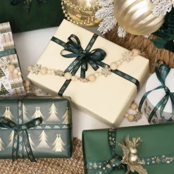 Ribbon Satin Merry Christmas Spots Gold Green (15mmx20m)