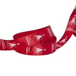 Ribbon Satin Merry Christmas with Tree White Red (25mmx20m)