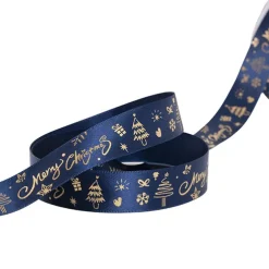 Ribbon Satin Merry Christmas Decorations Navy (25mmx20m)