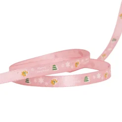 Ribbon Satin Merry Xmas Trees & Gingerbread Pink (10mmx20m)