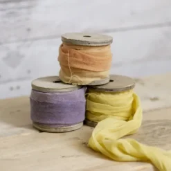Ribbon with Wooden Spool Faux Silk Frayed Apricot (80mmx5m)