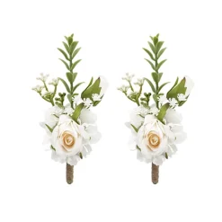Rose & Baby's Breath Boutonniere Pack2 Cream & Beige (13cmH)