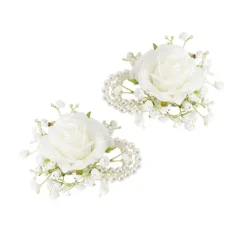 Rose & Baby's Breath Corsage Bracelet Pack 2 White (12cmH)