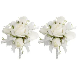 Rose & Ribbon Boutonniere Pack 2 White (13cmH)