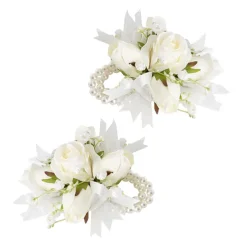 Rose & Ribbon Pearl Corsage Bracelet Pack 2 White (12cmH)