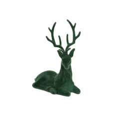 Sitting Flocked Reindeer Dark Green (18x25cmH)