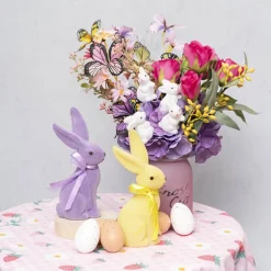 Sitting Long Ear Bunny Rabbit w Bow Flocked Yellow (19cmH)