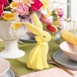 Sitting Long Ear Bunny Rabbit w Bow Flocked Yellow (19cmH)