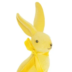 Sitting Long Ear Bunny Rabbit w Bow Flocked Yellow (19cmH)