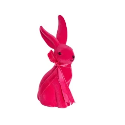 Sitting Long Ear Bunny Rabbit w Bow Flocked Hot Pink (19cmH)