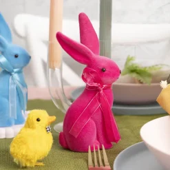 Sitting Long Ear Bunny Rabbit w Bow Flocked Hot Pink (19cmH)