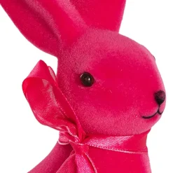 Sitting Long Ear Bunny Rabbit w Bow Flocked Hot Pink (19cmH)