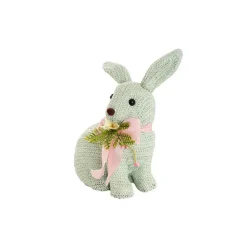 Sitting Straw Bunny w Pink Bow Soft Blue (19x13x26cm)