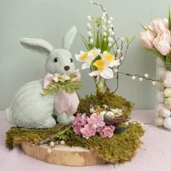 Sitting Straw Bunny w Pink Bow Soft Blue (19x13x26cm)