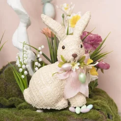 Sitting Straw Bunny w Pink Bow Beige (19x14x26cm)
