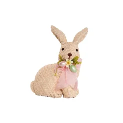 Sitting Straw Bunny w Pink Bow Beige (19x14x26cm)