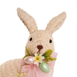 Sitting Straw Bunny w Pink Bow Beige (19x14x26cm)