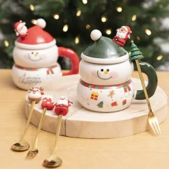 Smiley Snowman Ceramic Mug w Spoon Dark Green (8.5x13.5cmH)