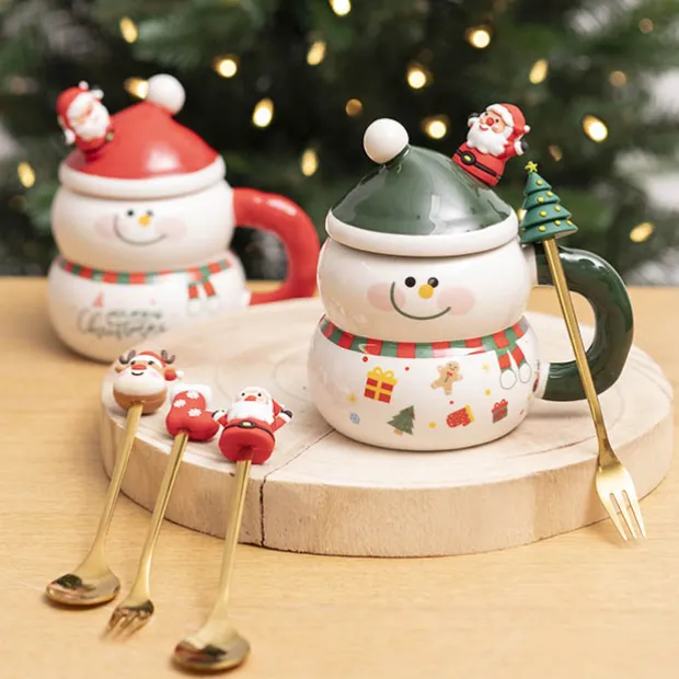 Smiley Snowman Ceramic Mug w Spoon Dark Green (8.5x13.5cmH)