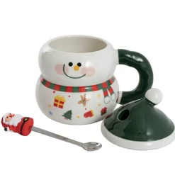 Smiley Snowman Ceramic Mug w Spoon Dark Green (8.5x13.5cmH)