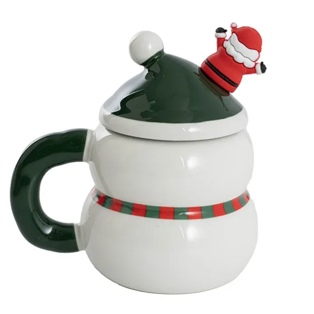Smiley Snowman Ceramic Mug w Spoon Dark Green (8.5x13.5cmH)