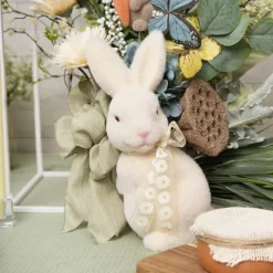 Standing Bunny Rabbit w Turning Head & Bow Cream (25.5cmH)