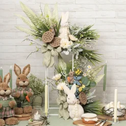 Standing Bunny Rabbit w Turning Head & Bow Cream (25.5cmH)