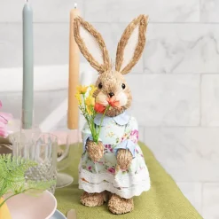 Standing Female Bunny in Floral Dress & Bouquet Blue (35cmH)