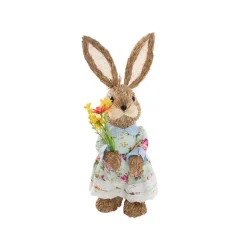 Standing Female Bunny in Floral Dress & Bouquet Blue (35cmH)
