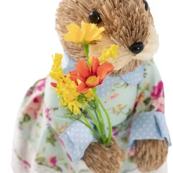 Standing Female Bunny in Floral Dress & Bouquet Blue (35cmH)