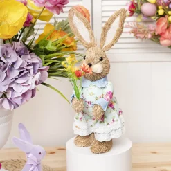 Standing Female Bunny in Floral Dress & Bouquet Blue (35cmH)