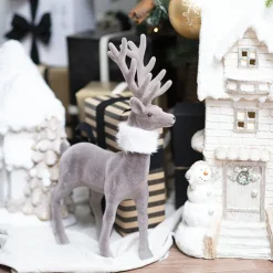 Standing Flocked Reindeer w Faux Fur Scarf Brown (37cmH)