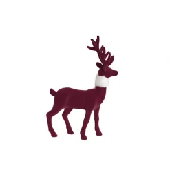 Standing Flocked Reindeer w Faux Fur Scarf Burgundy (37cmH)