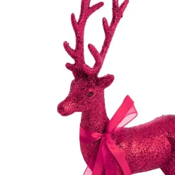 Standing Glitter Reindeer w Ribbon Dark Hot Pink (29cmH)