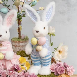 Standing Male Bunny w Egg Bouquet Blue & White (30cmH)