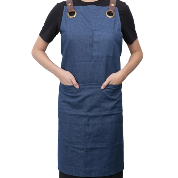 Stylish Denim Apron With Pockets Dark Blue (81x87cm)