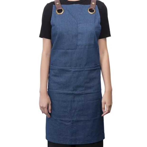 Stylish Denim Apron With Pockets Dark Blue (81x87cm)