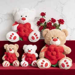 Teddy Bear Kev w Red Bow & Rose Plush Toy White (30cmST)