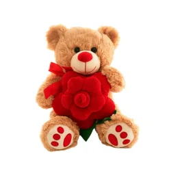 Teddy Bear Kev w Red Bow & Rose Plush Toy Brown (30cmST)
