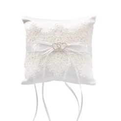 Wedding Ring Pillow w Lace Diamante Heart White (15x15cmH)