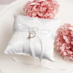 Wedding Ring Pillow w Lace Diamante Heart White (15x15cmH)