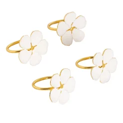 White Floral Napkin Ring Pack 4 Gold (4cmD)