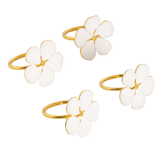 White Floral Napkin Ring Pack 4 Gold (4cmD)