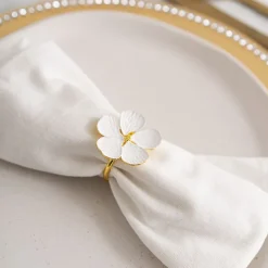 White Floral Napkin Ring Pack 4 Gold (4cmD)