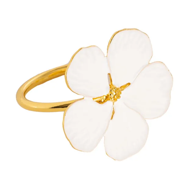 White Floral Napkin Ring Pack 4 Gold (4cmD)