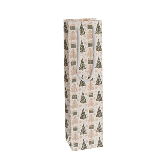 Wine Bag Single w Rope Xmas Trees White Pk5 (11Wx9Gx42cmH)